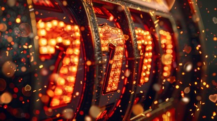 Glowing triple sevens on a slot machine display, indicating a big win with a sparkling, festive background