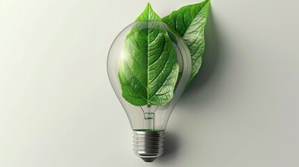 Innovative top view of a green leaf lightbulb, encapsulating the ideas of renewable energy and eco-consciousness, neatly isolated on a white background