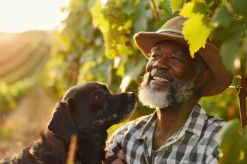 Joyful African American senior man in vineyard with his dog at sunset.