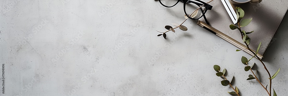 Poster pair of glasses and a plant on a table with a computer keyboard and mouse