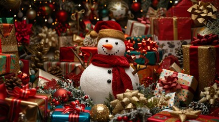 Playful and festive snowman surrounded by a bounty of holiday gifts, designed as a charming background for Christmas and New Year greetings, featuring copy space