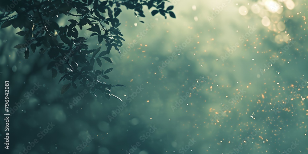 Poster tree with leaves and rain drops on it's branches and a green background