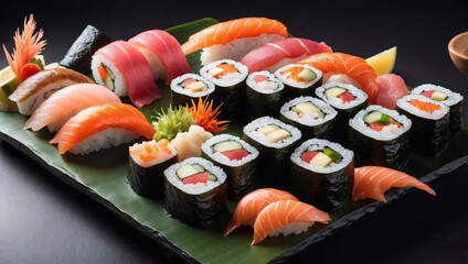 Assorted Japanese Sushi, Dive into a Tempting Array of Fresh Sushi Rolls, Nigiri, and Sashimi Selections.