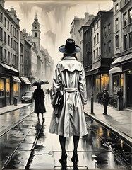 A woman from behind in a raincoat and a black big hat