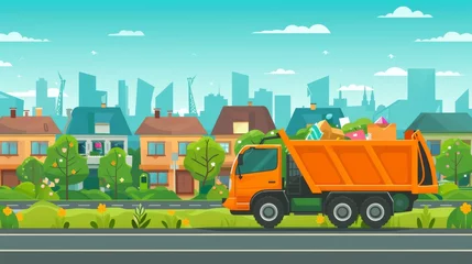 Ingelijste posters City waste recycling concept with garbage truck on village landscape background. Vector illustration in flat design --ar 16:9 --style raw Job ID: 3154d5f7-6f65-4fd3-9f16-a813241357f6 © Elchin Abilov