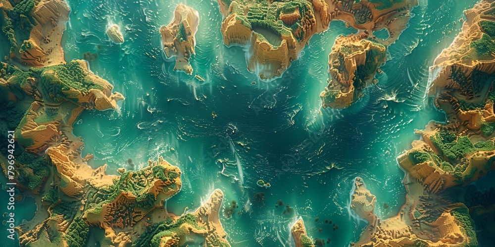 Wall mural a computer generated image of a blue and green ocean with rocks and water around it and a large amou