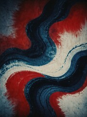 Abstract vintage-style background or printable painting, red blue and white paint waves, intricate geometric shapes for interior design, retro design oil painting, Generative Ai