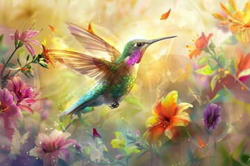 Hummingbird in Colorful Floral Garden