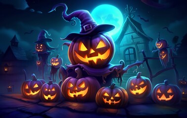 a group of pumpkins with a full moon in the background and a full moon in the background, all lit up..