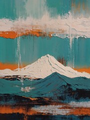 Abstract vintage-style background or printable painting of mountains, cyan and orange brush strokes, intricate geometric shapes for interior design, retro design oil painting, Generative Ai