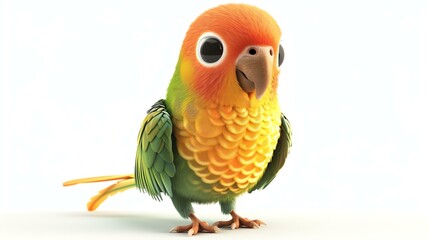 A cute and colorful parrot with bright orange, green, and yellow feathers. It has big, round eyes and a curious expression on its face. - Powered by Adobe