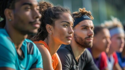 Fototapeta premium Diverse athletes demonstrating team unity during a pause in competition