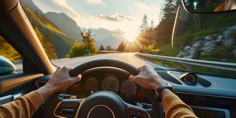 a person driving a car on a road with mountains in the background and the sun shining through the windshield