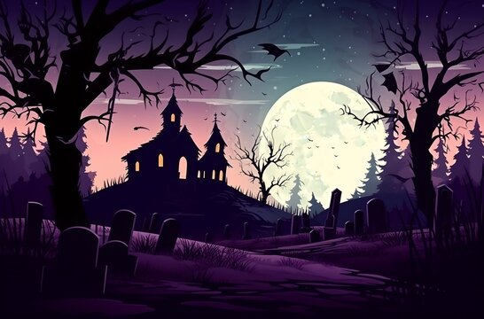 a cemetery with a full moon in the background and bats flying over it at night time with a full moon in the sky..