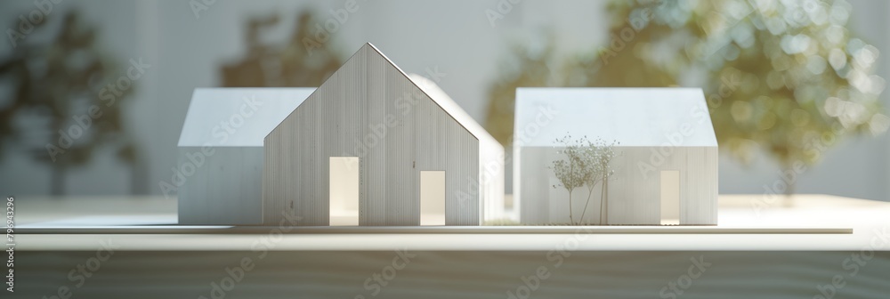 Poster a couple of small houses sitting on top of a table next to each other on a table top with a tree in 