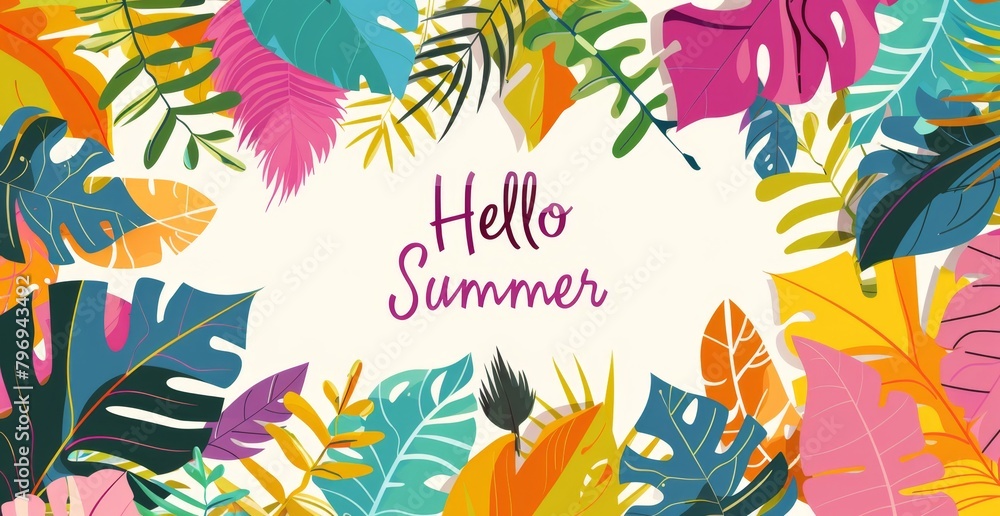 Poster hello summer, flat design, colorful leaves frame background white space in the middle of picture wit