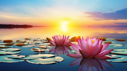 Serene sunset over a lake with pink lotus flowers