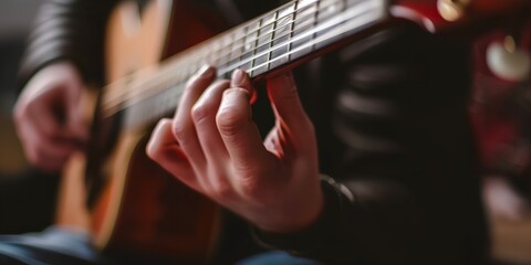 Fototapeta premium a person playing a guitar with their hands and fingers on it, with a blurry background of a person holding a guitar
