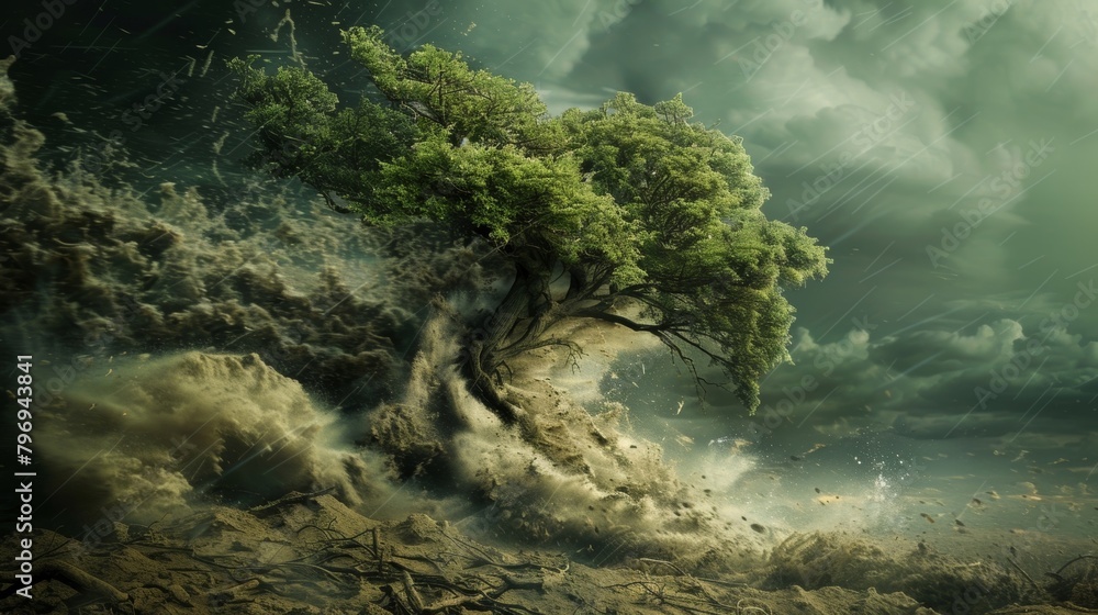 Poster an image of a tree being uprooted by a strong tornado accompanied by the message mother nature is un