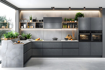 Contemporary modern kitchen interior in in grey concrete with green house plants.
