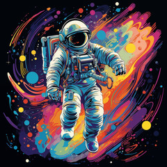 Vivid illustration of an astronaut floating in a colorful, psychedelic cosmic whirl