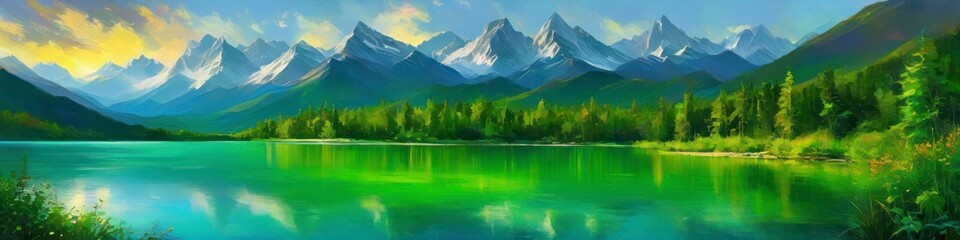 Abstract watercolor blurred landscape midsummer mountain lake at sunset in bright green colors. Abstract background for design, space for text.	