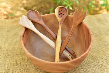 Kitchen utensils. Kitchen wooden tools and kitchenware. White modern kitchen interior background