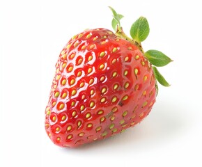 a close up of a strawberry with a leaf on it's stem and a white background with a green spot