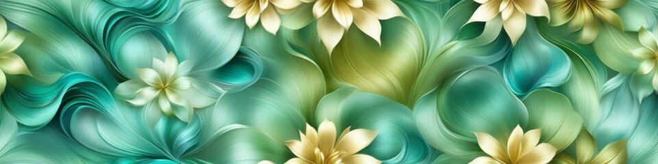 Green panoramic silk background with blurred satin wavy texture, decorated with satin gold flowers.	