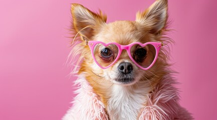 Adorable dog wearing pink heart-shaped sunglasses