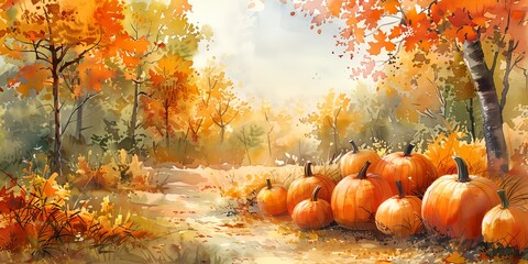 Autumn pumpkins watercolor, fall background