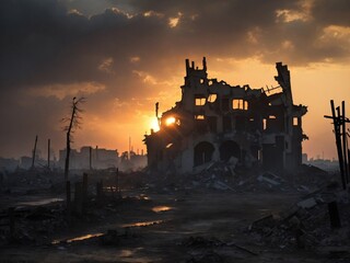 "Dystopian Twilight: Surreal Sunset Over Ruined Urban Landscape"