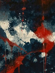 Abstract vintage-style background or printable painting, red blue and white paint splashes, intricate geometric shapes for interior design, retro design oil painting, Generative Ai