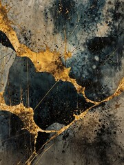 Abstract vintage-style background or printable painting, gold and black marble intricate geometric shapes for interior design, retro design oil painting, Generative Ai