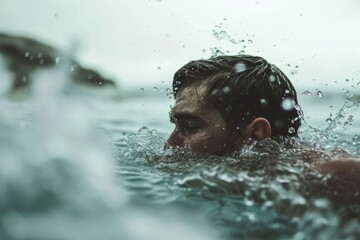 Athletic man swimming in ice-cold water outdoors recreation sports determination. - obrazy, fototapety, plakaty