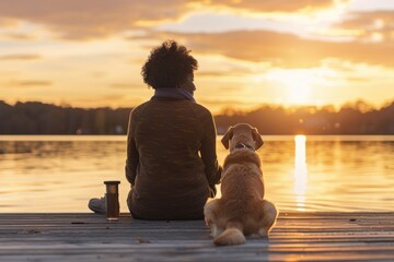A senior African American woman and her dog sit on a dock, watching a sunset over the water.