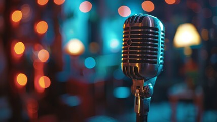 Microphone for live karaoke, concerts or stand-ups - retro microphone with a defocused abstract...