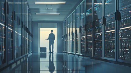 A businessman stands in a modern data center, surrounded by racks of servers. He is holding a tablet and looking at the data on the screen.