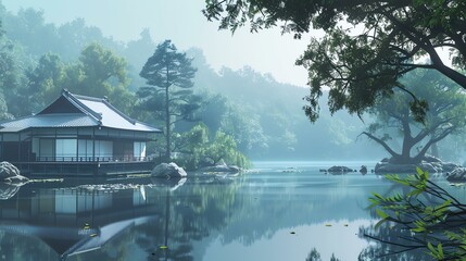 A traditional Japanese house sits on the edge of a tranquil pond. The water is still and reflects the sky perfectly.