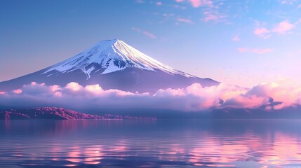 The image is a beautiful landscape of Mount Fuji in Japan. The mountain is covered in snow and is surrounded by a sea of clouds.