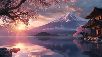 The image is a beautiful landscape of Mount Fuji in Japan. The cherry blossoms are in full bloom, and the mountain is covered in snow.