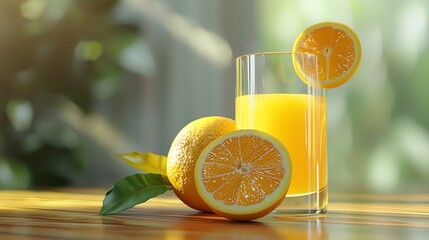 Fresh orange juice in a glass with orange slices on a wooden table.