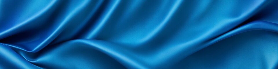 Blue panoramic silk background, fabric with blurred satin wavy texture.