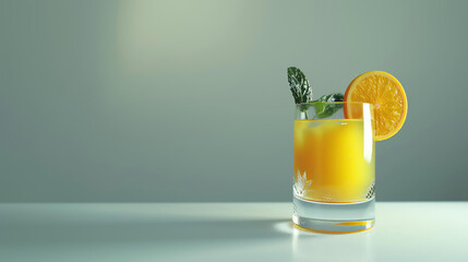 Fresh orange juice in a glass with a slice of orange and a sprig of mint on a white table.