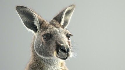 A close up of a kangaroo's face. The kangaroo is looking to the right of the frame. It has brown fur and black eyes.
