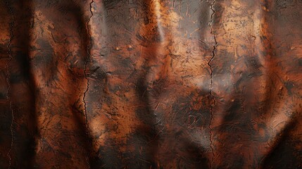 The image is a close-up of a piece of brown leather. The leather is old and worn, and there are several cracks and wrinkles on the surface.