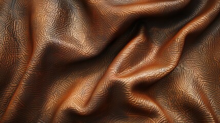 Copper-colored crumpled genuine leather with a beautiful pattern. The folds of the leather create an interesting play of light and shadow.