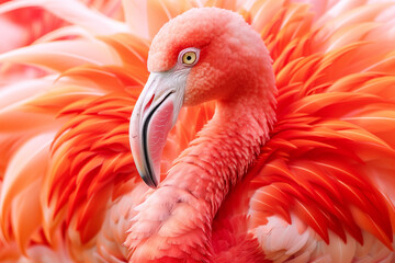 Close-up of a vibrant pink flamingo in nature. Generative AI image