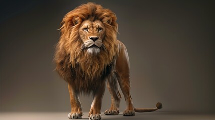 A majestic lion stands tall and proud, his piercing gaze commanding attention.