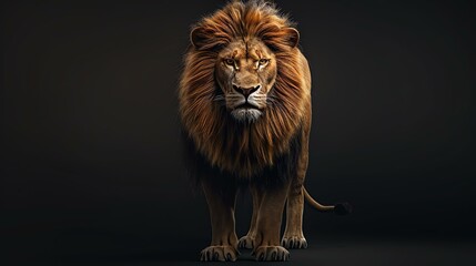 A majestic lion stands tall in the darkness, his piercing gaze fixed on something just out of sight.